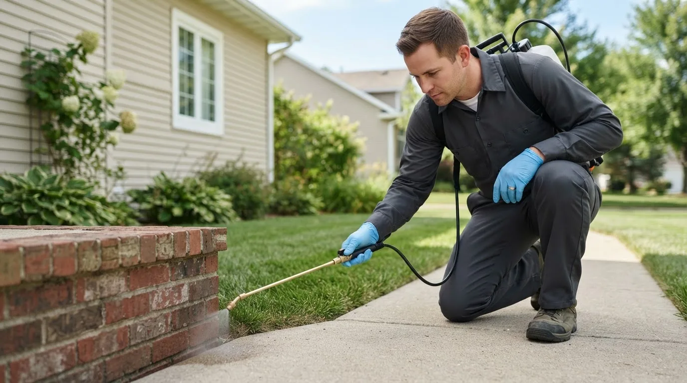 Pest control technician treating a home near Creston, NE
