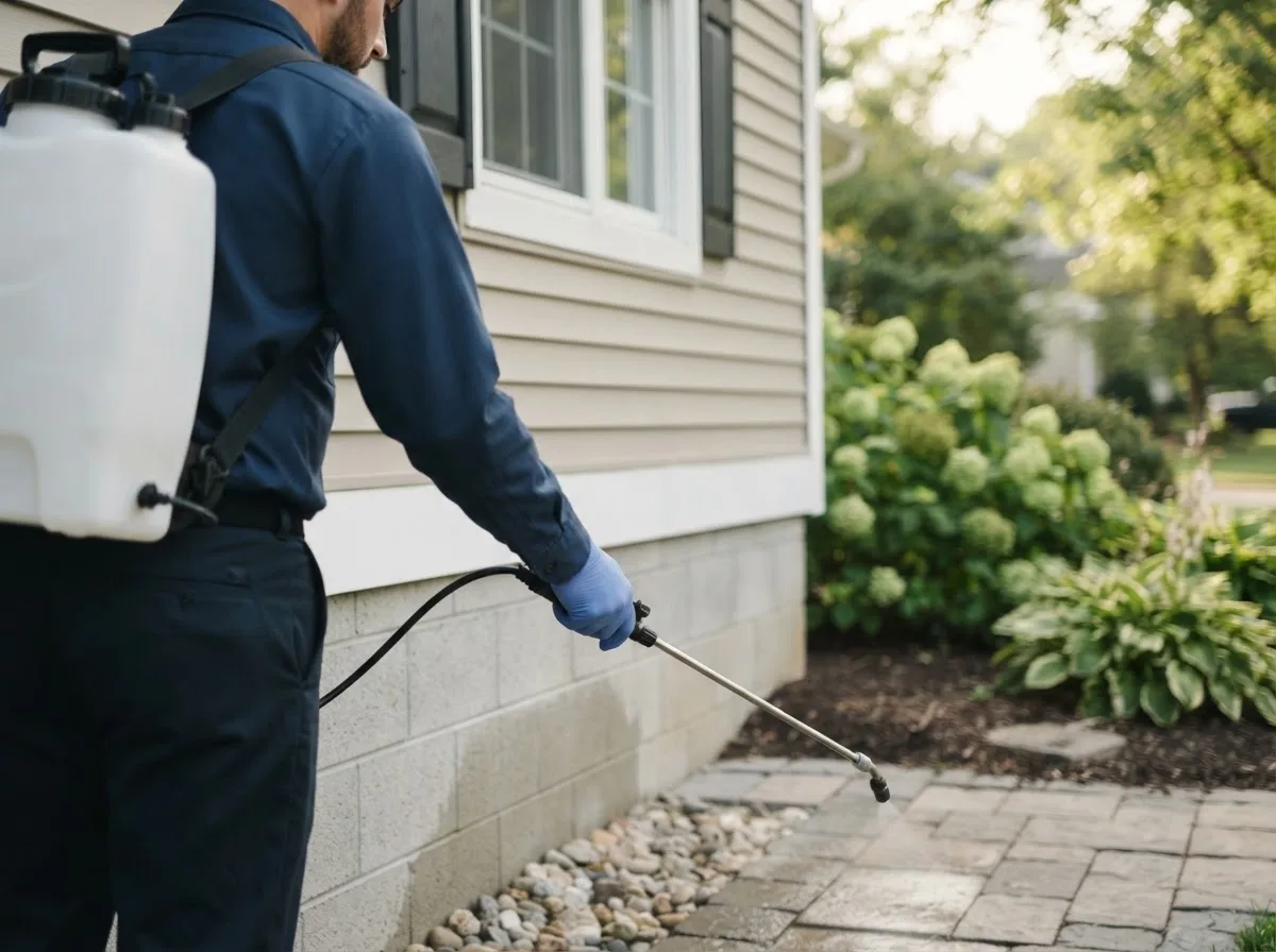 Pest control technician inspecting a home in Creston, NE